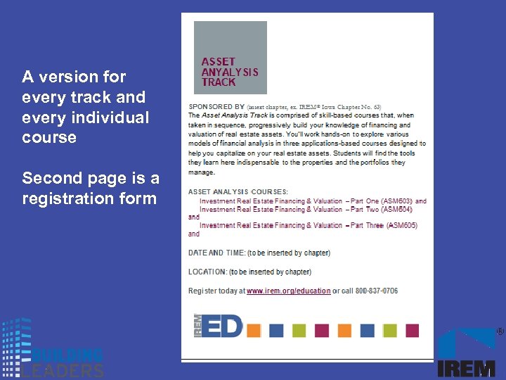 A version for every track and every individual course Second page is a registration