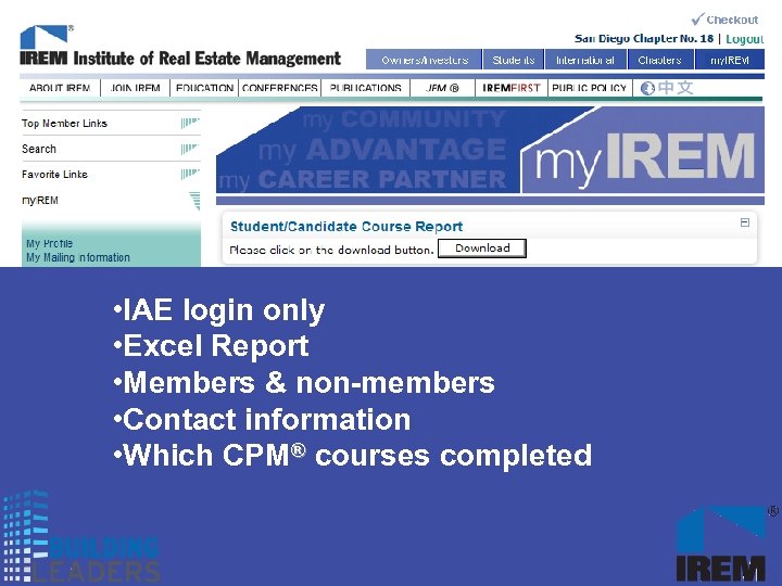  • IAE login only • Excel Report • Members & non-members • Contact