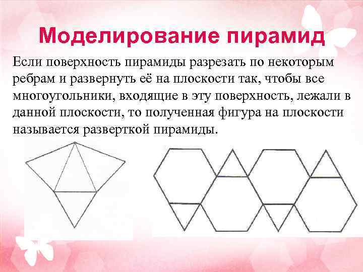 Моделирование пирамид Если поверхность пирамиды разрезать по некоторым ребрам и развернуть её на плоскости