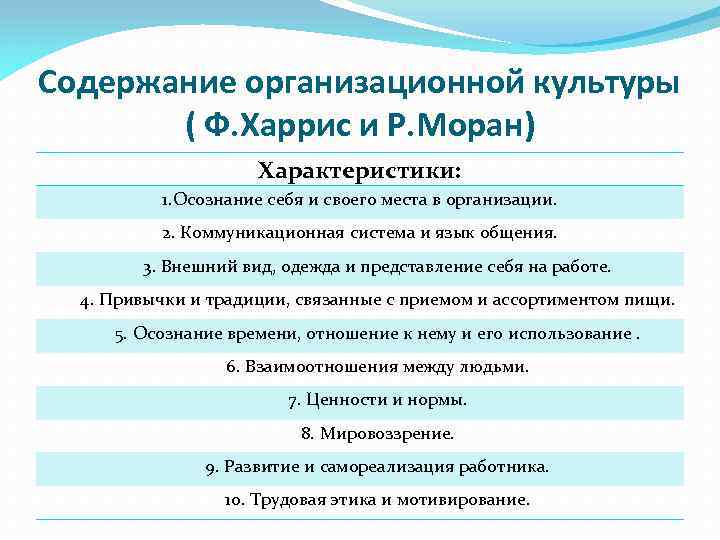 Содержание организационной. Ф. Харрис и р. Моран. Характеристики организационной культуры ф. Харриса и р. Морана. Содержание организационной культуры. Характеристики организационной культуры по Харрису и МОРАНУ.