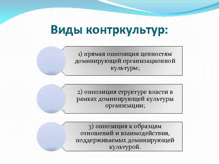 Виды контркультур: 1) прямая оппозиция ценностям доминирующей организационной культуры; 2) оппозиция структуре власти в