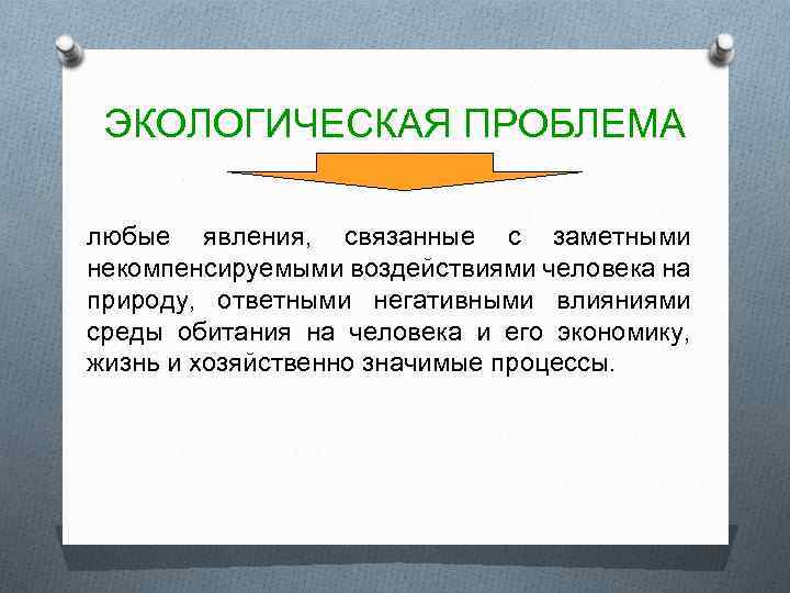 ЭКОЛОГИЧЕСКАЯ ПРОБЛЕМА любые явления, связанные с заметными некомпенсируемыми воздействиями человека на природу, ответными негативными