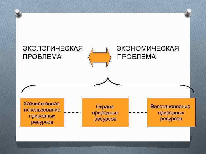 ЭКОЛОГИЧЕСКАЯ ПРОБЛЕМА Хозяйственное использование природных ресурсов ЭКОНОМИЧЕСКАЯ ПРОБЛЕМА Охрана природных ресурсов Восстановление природных ресурсов