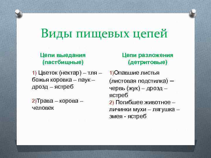 Виды пищевых цепей Цепи выедания (пастбищные) Цепи разложения (детритовые) 1) Цветок (нектар) – тля