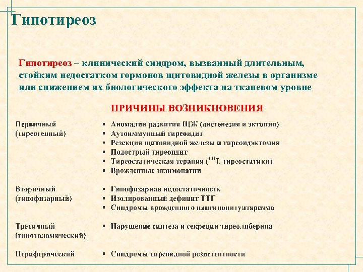 Гипотиреоз – клинический синдром, вызванный длительным, стойким недостатком гормонов щитовидной железы в организме или