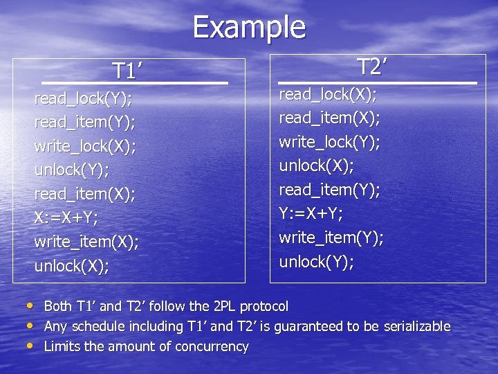 Example T 1’ read_lock(Y); read_item(Y); write_lock(X); unlock(Y); read_item(X); X: =X+Y; write_item(X); unlock(X); T 2’