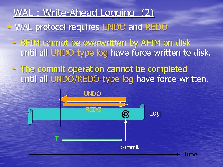 WAL : Write-Ahead Logging (2) • WAL protocol requires UNDO and REDO - BFIM