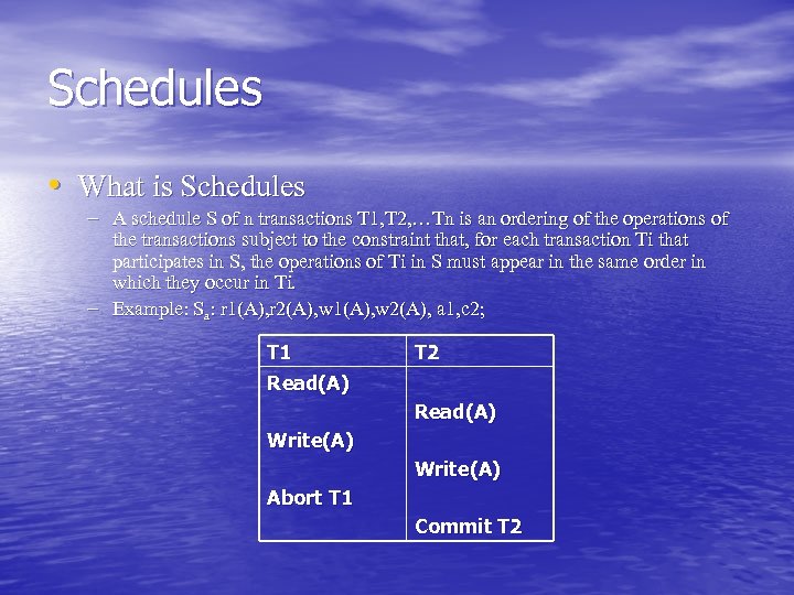 Schedules • What is Schedules – A schedule S of n transactions T 1,