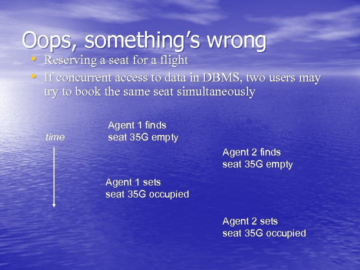 Oops, something’s wrong • Reserving a seat for a flight • If concurrent access