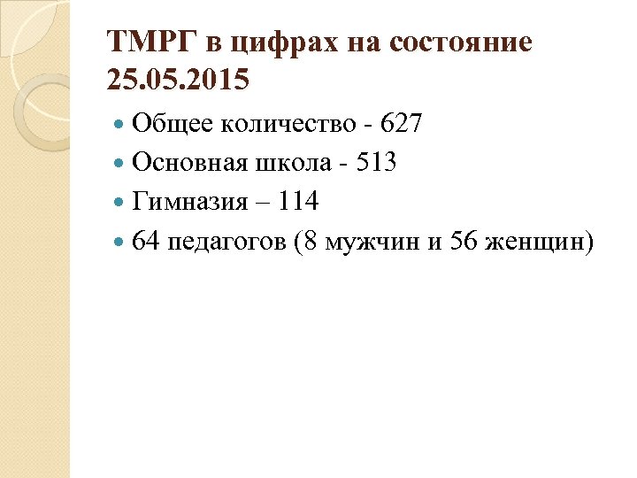 ТМРГ в цифрах на состояние 25. 05. 2015 Общее количество - 627 Основная школа