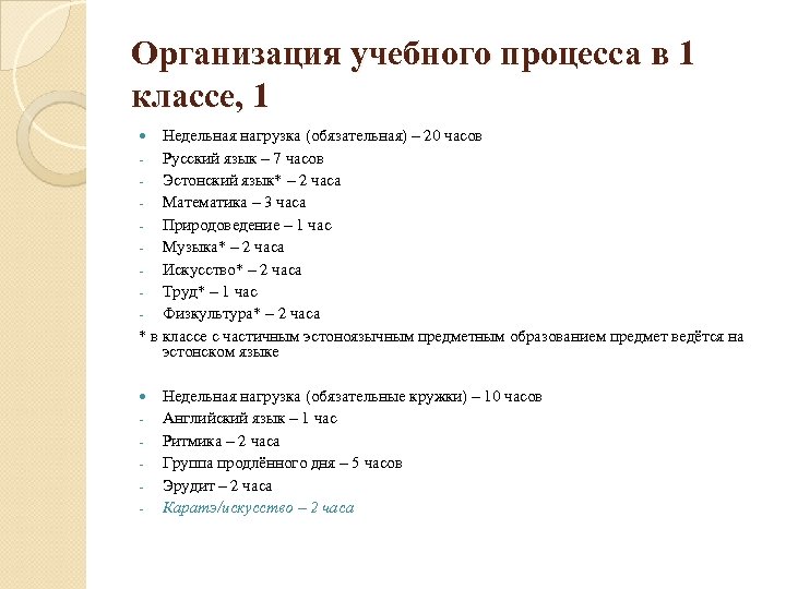 Организация учебного процесса в 1 классе, 1 Недельная нагрузка (обязательная) – 20 часов -