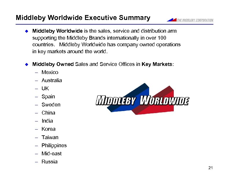 Middleby Worldwide Executive Summary u Middleby Worldwide is the sales, service and distribution arm