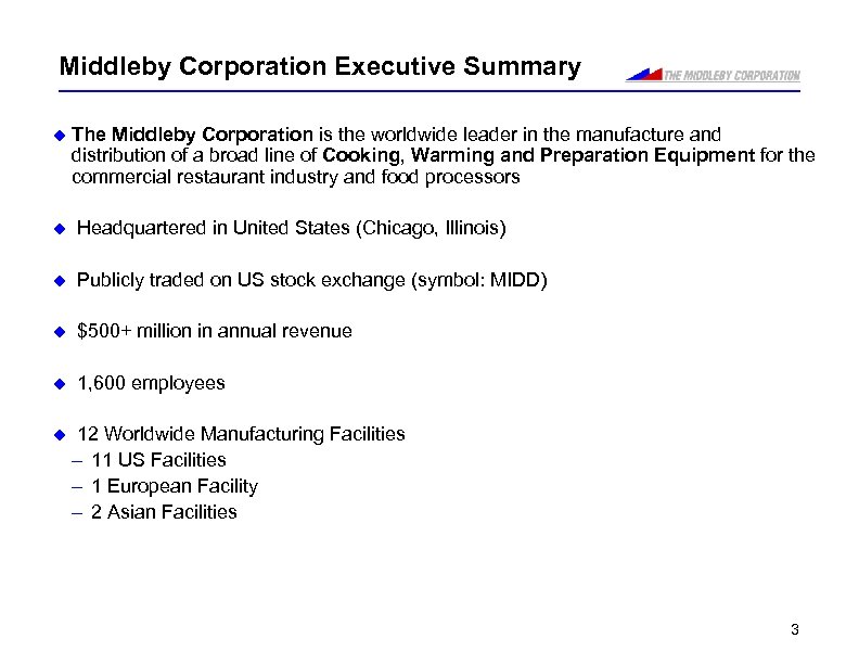 Middleby Corporation Executive Summary u The Middleby Corporation is the worldwide leader in the