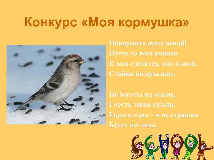 Конкурс «Моя кормушка» Покормите птиц зимой! Пусть со всех концов К вам слетятся, как