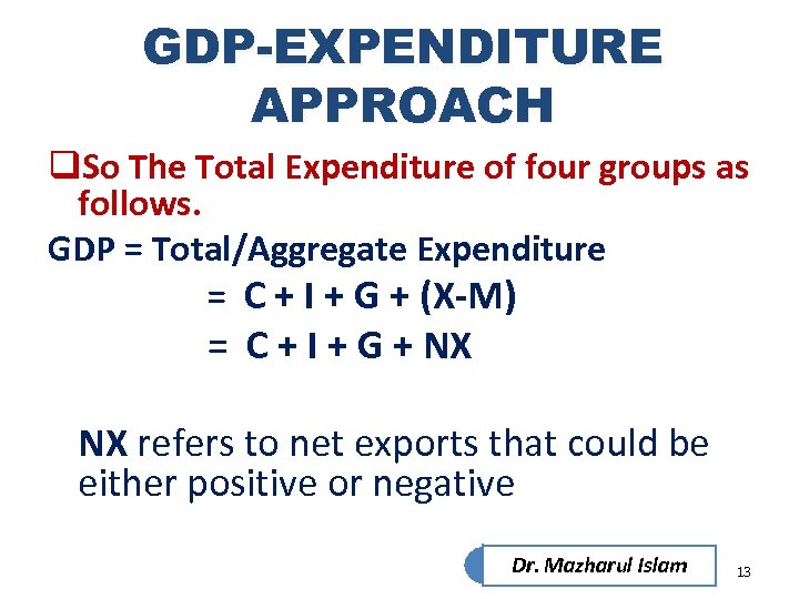 GDP-EXPENDITURE APPROACH q. So The Total Expenditure of four groups as follows. GDP =