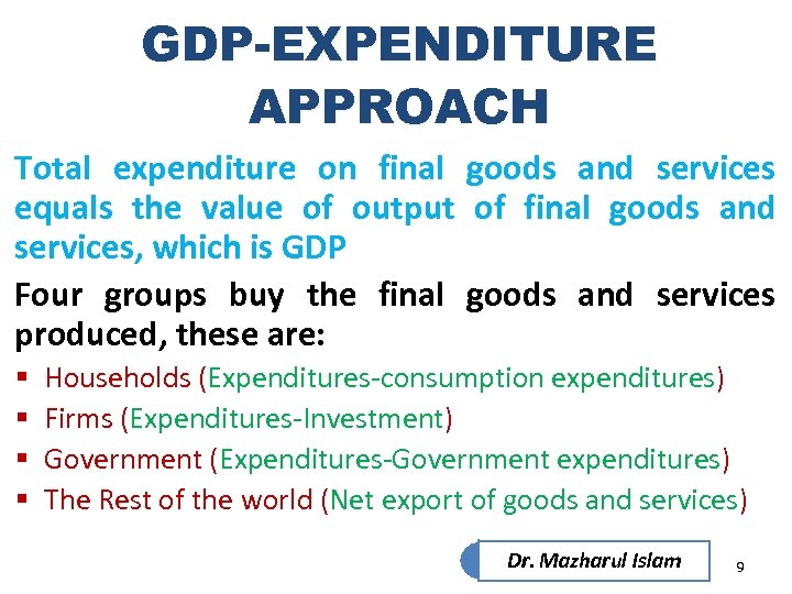 GDP-EXPENDITURE APPROACH Total expenditure on final goods and services equals the value of output