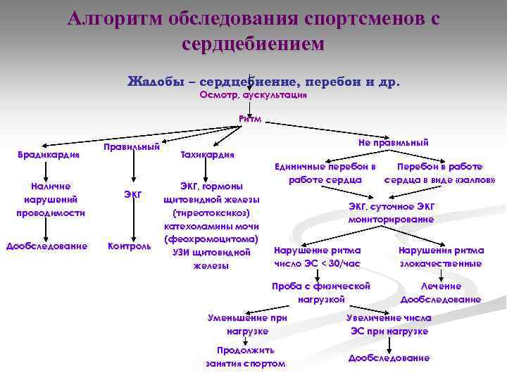 Алгоритм обследования спортсменов с сердцебиением Жалобы – сердцебиение, перебои и др. Осмотр, аускультация Ритм