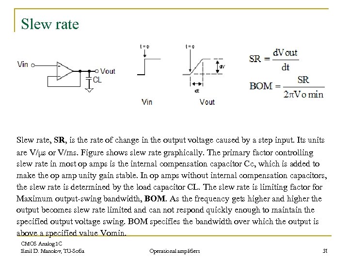 Slew rate, SR, is the rate of change in the output voltage caused by