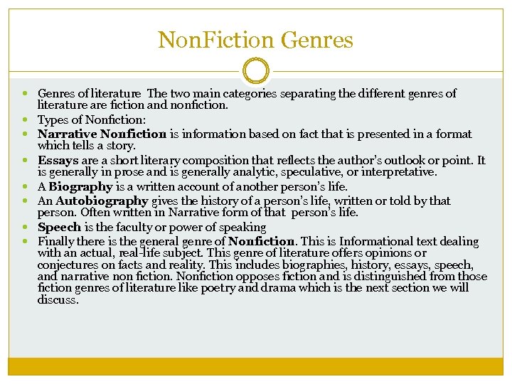 Non. Fiction Genres of literature The two main categories separating the different genres of