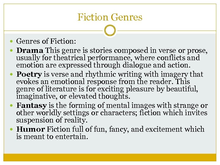 Fiction Genres of Fiction: Drama This genre is stories composed in verse or prose,