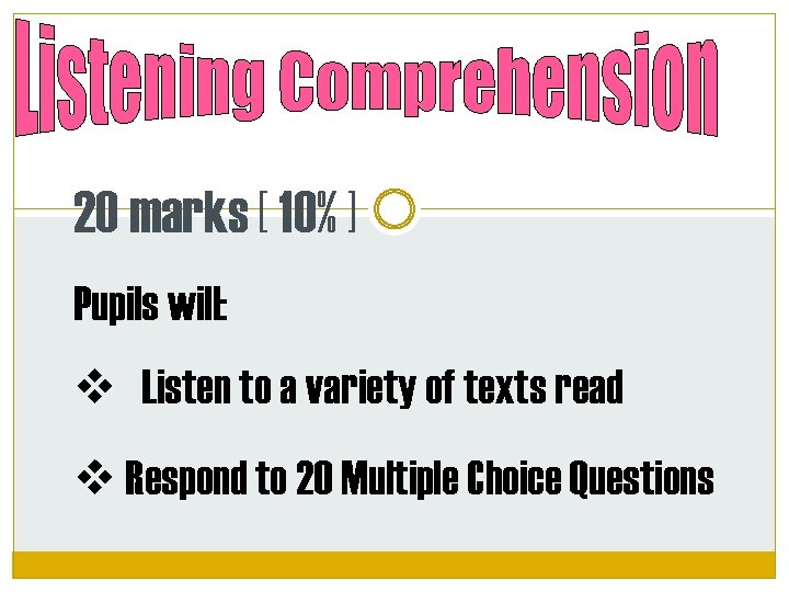 20 marks [ 10% ] Pupils will: Listen to a variety of texts read
