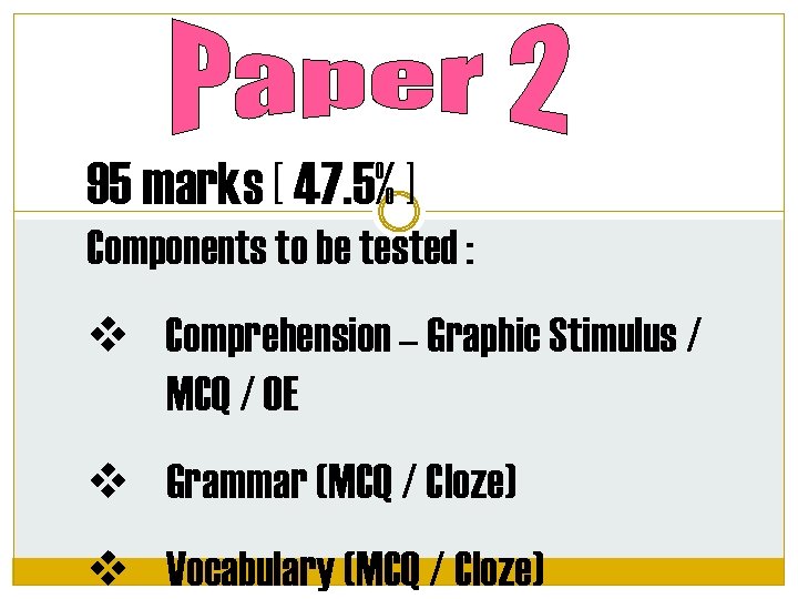 95 marks [ 47. 5% ] Components to be tested : Comprehension – Graphic