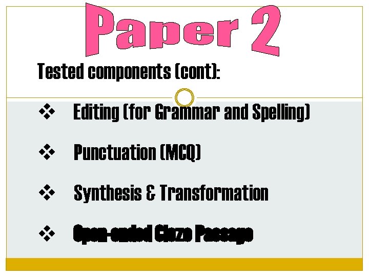 Tested components (cont): Editing (for Grammar and Spelling) Punctuation (MCQ) Synthesis & Transformation Open-ended