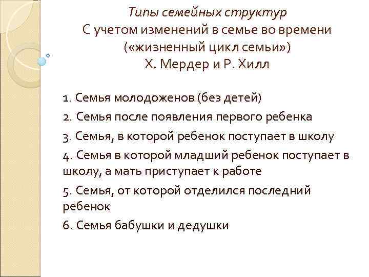 Типы семейных структур С учетом изменений в семье во времени ( «жизненный цикл семьи»