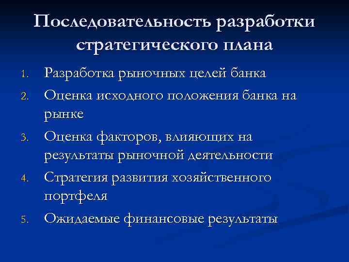 Последовательность разработки стратегического плана 1. 2. 3. 4. 5. Разработка рыночных целей банка Оценка