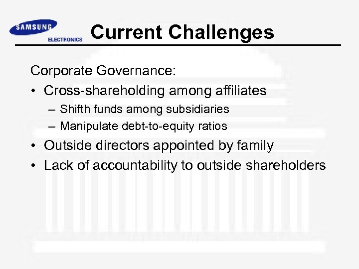 Current Challenges Corporate Governance: • Cross-shareholding among affiliates – Shifth funds among subsidiaries –