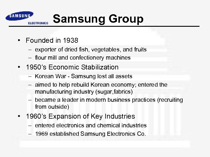 Samsung Group • Founded in 1938 – exporter of dried fish, vegetables, and fruits