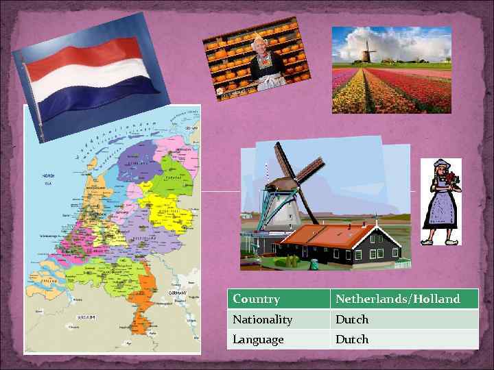 Country Netherlands/Holland Nationality Dutch Language Dutch 