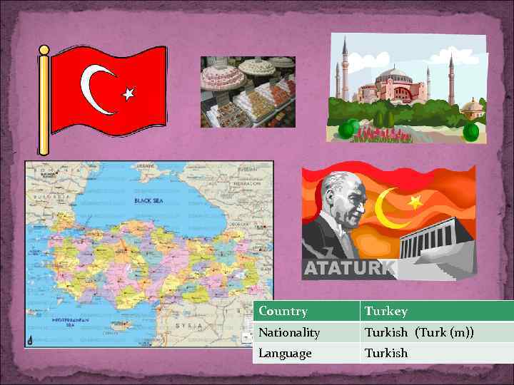 Country Turkey Nationality Turkish (Turk (m)) Language Turkish 
