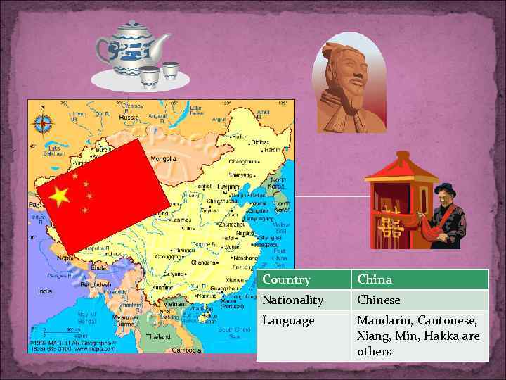 Country China Nationality Chinese Language Mandarin, Cantonese, Xiang, Min, Hakka are others 