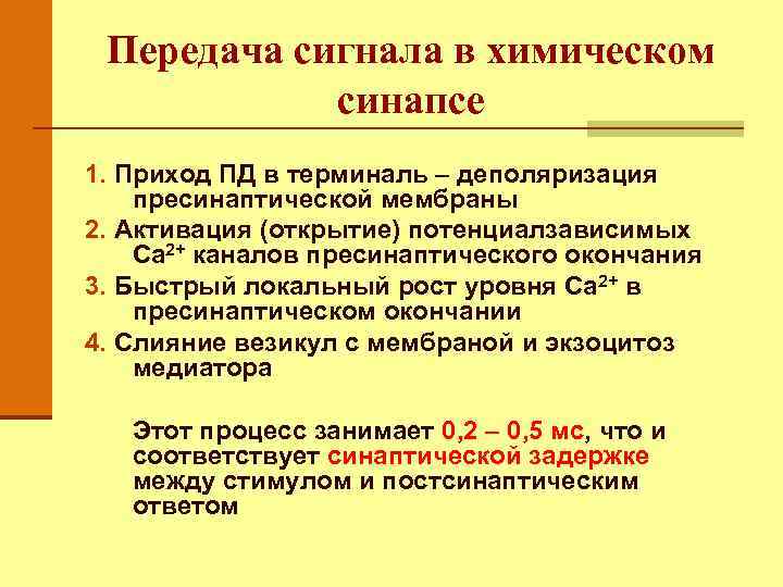 Передача сигнала в химическом синапсе 1. Приход ПД в терминаль – деполяризация пресинаптической мембраны