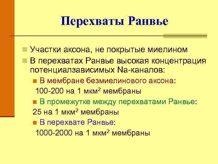 Перехваты Ранвье n Участки аксона, не покрытые миелином n В перехватах Ранвье высокая концентрация