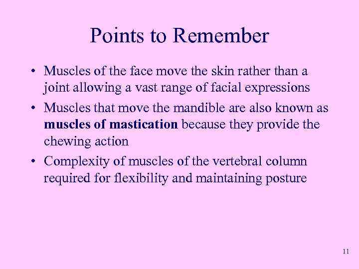 Points to Remember • Muscles of the face move the skin rather than a