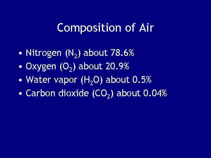 Composition of Air • • Nitrogen (N 2) about 78. 6% Oxygen (O 2)