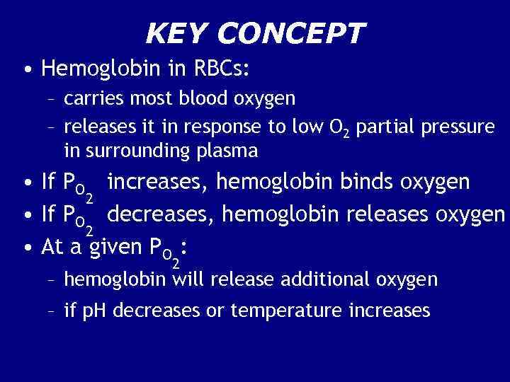 KEY CONCEPT • Hemoglobin in RBCs: – carries most blood oxygen – releases it