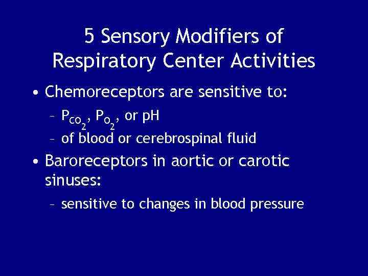 5 Sensory Modifiers of Respiratory Center Activities • Chemoreceptors are sensitive to: – PCO