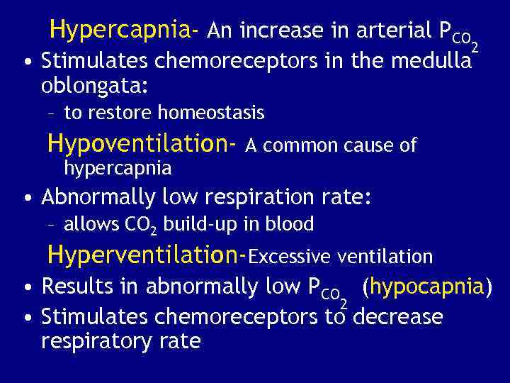 Hypercapnia- An increase in arterial PCO 2 • Stimulates chemoreceptors in the medulla oblongata: