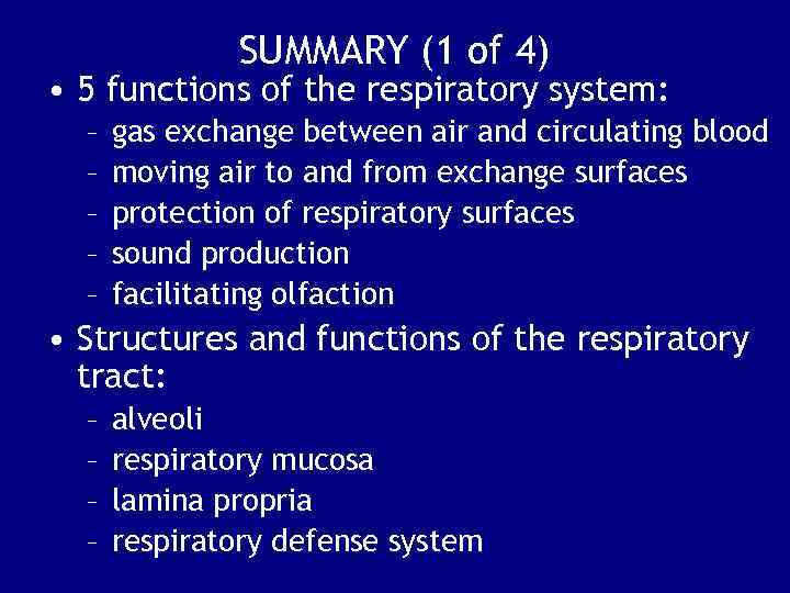 SUMMARY (1 of 4) • 5 functions of the respiratory system: – – –