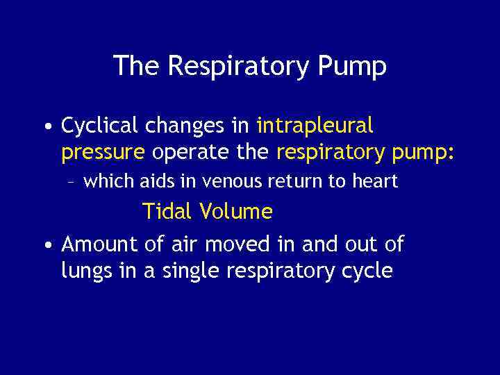 The Respiratory Pump • Cyclical changes in intrapleural pressure operate the respiratory pump: –