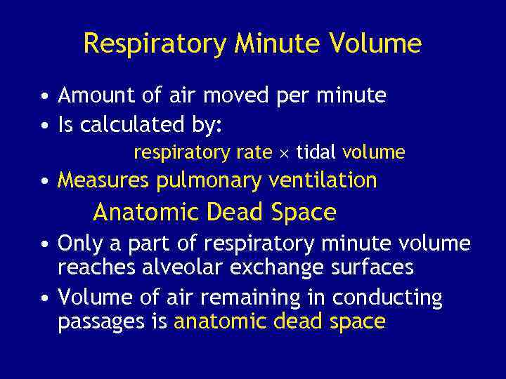 Respiratory Minute Volume • Amount of air moved per minute • Is calculated by: