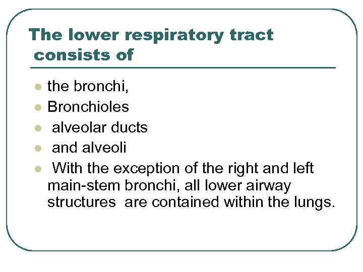 The lower respiratory tract consists of l l l the bronchi, Bronchioles alveolar ducts