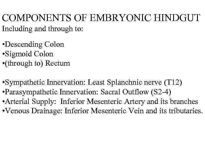 COMPONENTS OF EMBRYONIC HINDGUT Including and through to: • Descending Colon • Sigmoid Colon