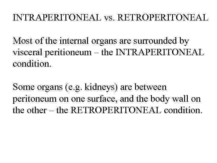 INTRAPERITONEAL vs. RETROPERITONEAL Most of the internal organs are surrounded by visceral peritioneum –