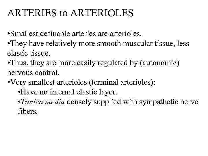 ARTERIES to ARTERIOLES • Smallest definable arteries are arterioles. • They have relatively more