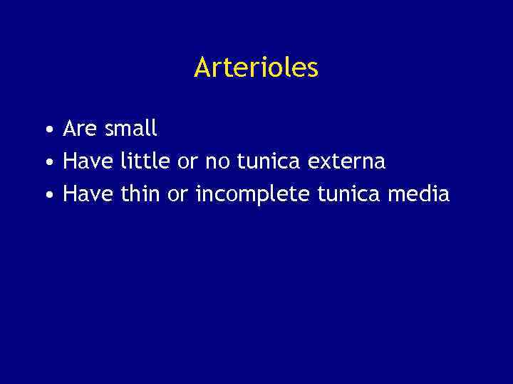 Arterioles • Are small • Have little or no tunica externa • Have thin