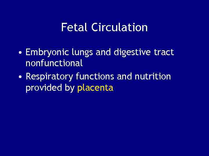 Fetal Circulation • Embryonic lungs and digestive tract nonfunctional • Respiratory functions and nutrition